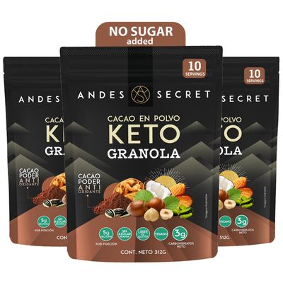 Andes Secret Cacao Granola - Almonds, Walnuts & Hazelnuts - Keto High Protein Granola with No Sugar, Grain & Gluten Free - 11 oz (3 Pack)