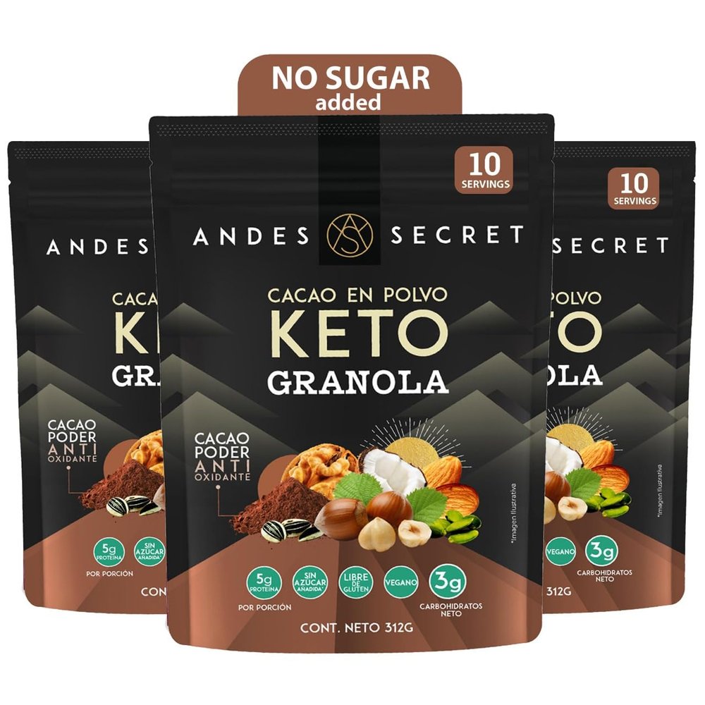 Andes Secret Cacao Granola - Almonds, Walnuts & Hazelnuts - Keto High Protein Granola with No Sugar, Grain & Gluten Free - 11 oz (3 Pack)