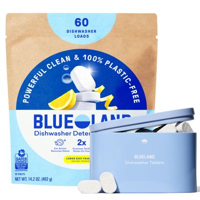 BLUELAND 100% Plastic-Free Dishwasher Detergent Tablets, Starter Set, 60 Count with tin, Lemon Zest, Eco-Friendly Dishwashing Pods, Cuts Grease & Stuck on Food, Rinses Clean for Streak-Free Shine