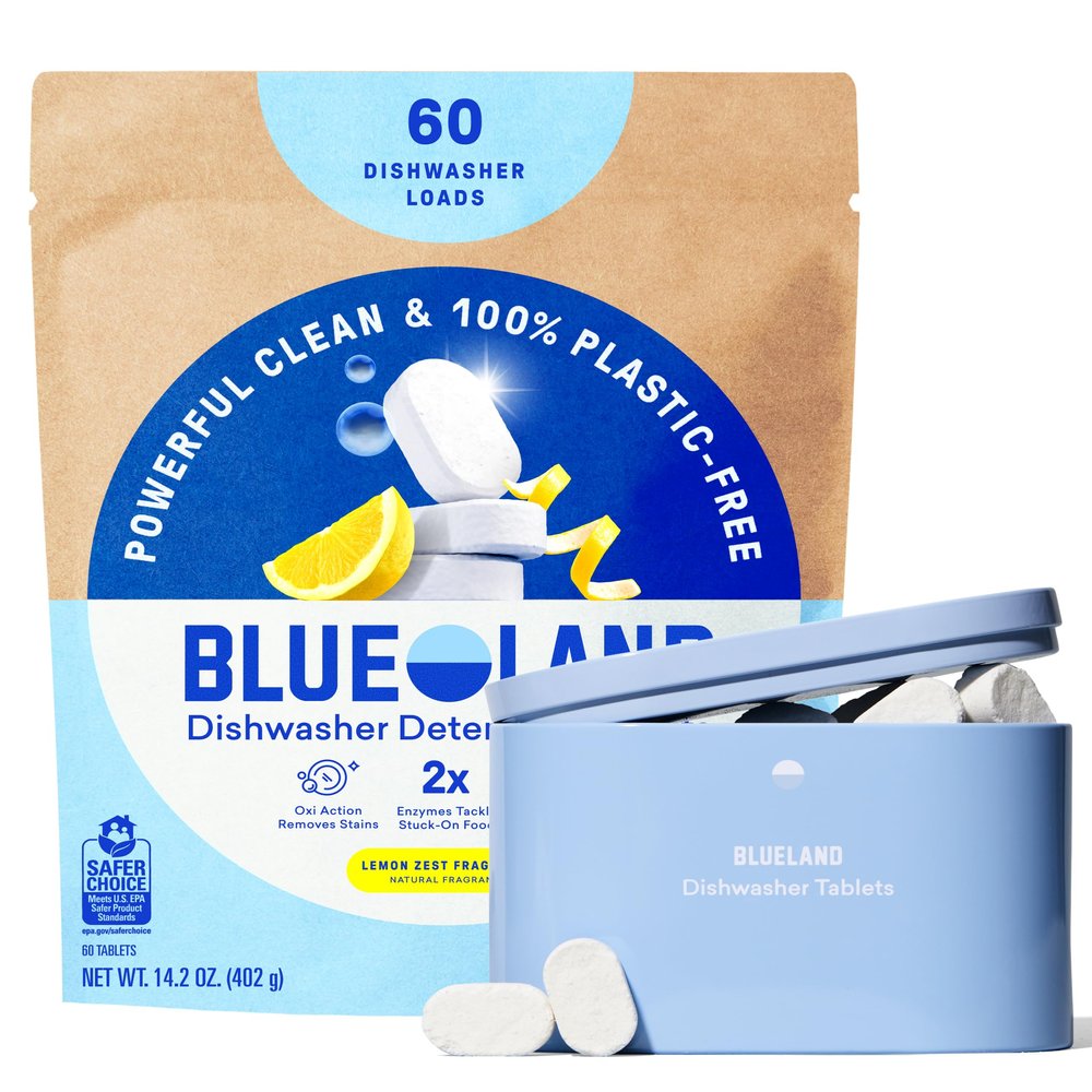 BLUELAND 100% Plastic-Free Dishwasher Detergent Tablets, Starter Set, 60 Count with tin, Lemon Zest, Eco-Friendly Dishwashing Pods, Cuts Grease & Stuck on Food, Rinses Clean for Streak-Free Shine