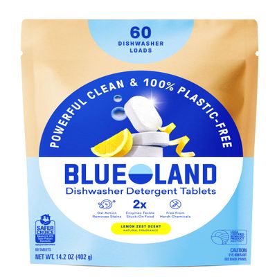 BLUELAND 100% Plastic-Free Dishwasher Detergent Tablets, 60 Count, Lemon Zest Scent, Eco Friendly Dishwashing Pods, Natural, USDA Certified biobased