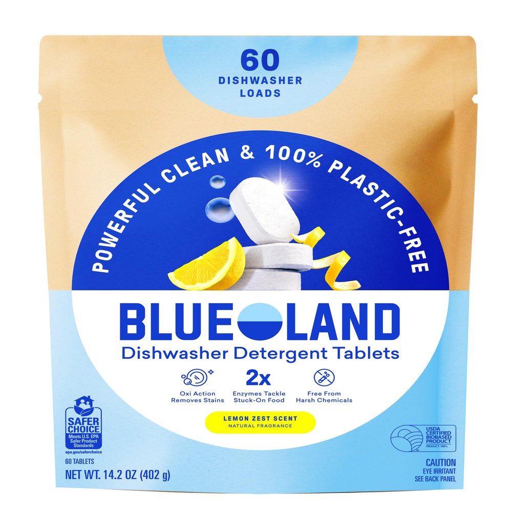 BLUELAND 100% Plastic-Free Dishwasher Detergent Tablets, 60 Count, Lemon Zest Scent, Eco Friendly Dishwashing Pods, Natural, USDA Certified biobased
