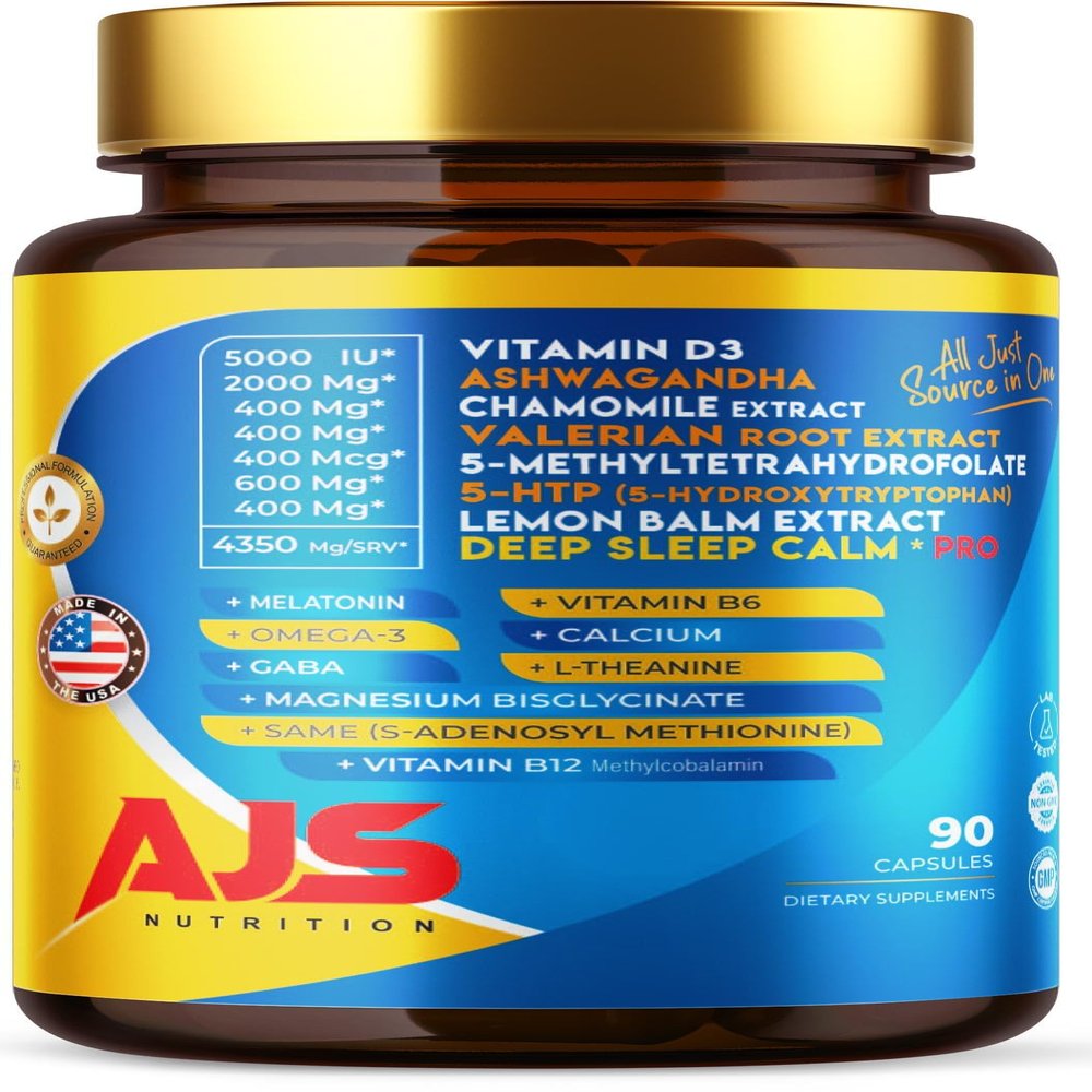 AJS Calm Mood Support, Sleep Aid, Stress Relief Capsules with Melatonin, L-Theanine, GABA, Valerian, Chamomile, Vitamin B6 B12, Magnesium,5-HTP, Ashwagandha, Lemon Balm, L-5-MTHF, 120CT (120CT)