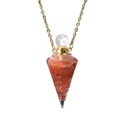Resin Natural Stone Quartz Aromatherapy Pendant Necklace Gold Color Essential Oil Diffuser Perfume Bottle Crystal Necklaces(Red Agate)