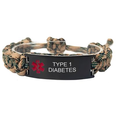 Type 1 Diabetes Medical Alert Bracelets Camouflage Nylon Cord & Stailess Steel ID Adjustable Survival Paracord Bracelet,Outdoor Safe Emergency Bracelet,Brown