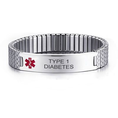 Type 1 Diabetes Medical Alert ID Stretch Bracelet Stailess Steel Elastic Emergency Sport ID Bracelet Wristband,8.3 Inches,Silver