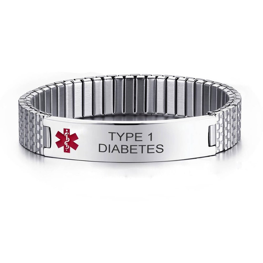 Type 1 Diabetes Medical Alert ID Stretch Bracelet Stailess Steel Elastic Emergency Sport ID Bracelet Wristband,8.3 Inches,Silver