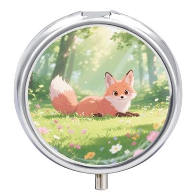 Pill Organizer Small Portable Pill Box Personalized Cute Fox in Meadow Print Medication Organizer for Vitamins Supplements