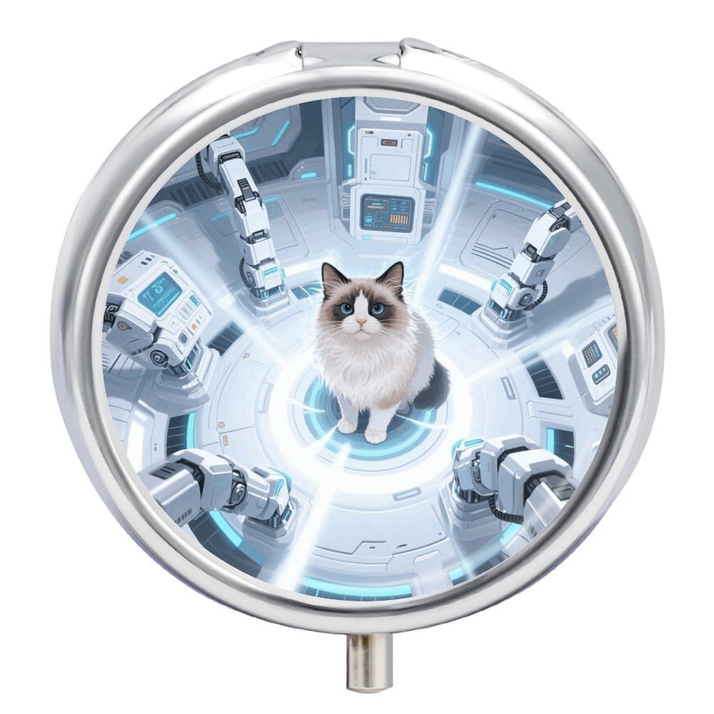 Pill Organizer Small Portable Pill Box Personalized Tech Cat with Robots Print Medication Organizer for Vitamins Supplements