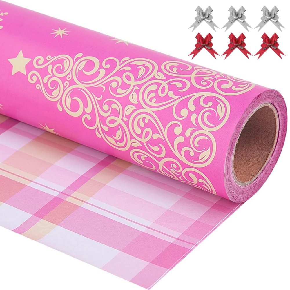 EWES Pink Christmas Wrapping Paper Rolls Set, Cute Princess Kids Thick Aesthetic Elegant Girls Girly Heavy Duty Gift Wrap Sheets,Patterns with Christmas Tree,Reversible,Total 48.6sq.ft