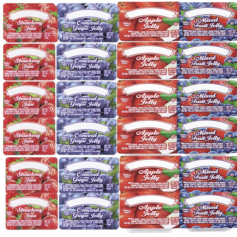 Assorted Jelly & Jam Cups Single-Serve Apple, Grape, Strawberry & Mixed Fruit Individual Breakfast Spreads for Restaurants, Cafeterias, Travel & Home Use -4 FLAVOR- 50-Pack