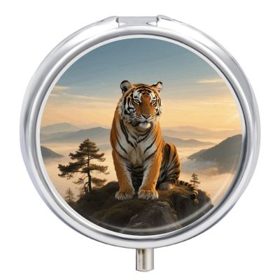 Pill Organizer Small Portable Pill Box Personalized Wild Tiger in Morning Mountain Print Medication Organizer for Vitamins Supplements