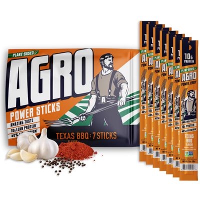 AGRO POWER Vegan Jerky Sticks, 10g Protein per Stick, Texas BBQ Plant-Based, 7 Stick Bag, Non-GMO, 40% Less Sodium, Zero Cholesterol, Meat Alternative, High Protein Snack for Lunch, On-the Go Fuel
