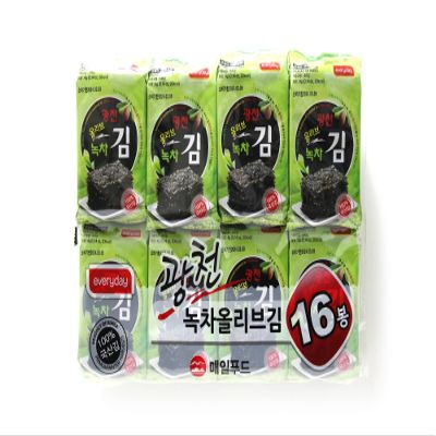 Green Tea Olive Oil Roasted Seaweed 2.24 oz (16 Packs x 0.14 oz) Korean Laver, Boseong Green Tea, Olive Oil, Premium Quality, Eco-Friendly