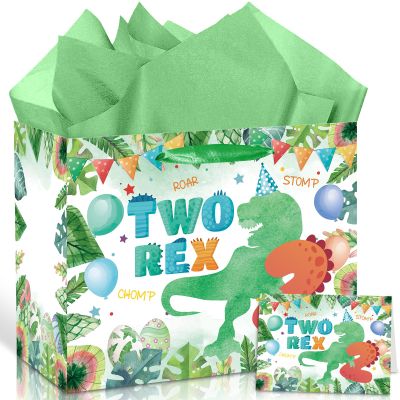 Peconal 2nd Birthday Gift Bag Two Rex Birthday Party Decorations Roar IM Two Dinosaur Gift Wrapping Paper Bag with Tissue Paper for Baby Boys Dino Age 2 Year Old Party Favors Supplies