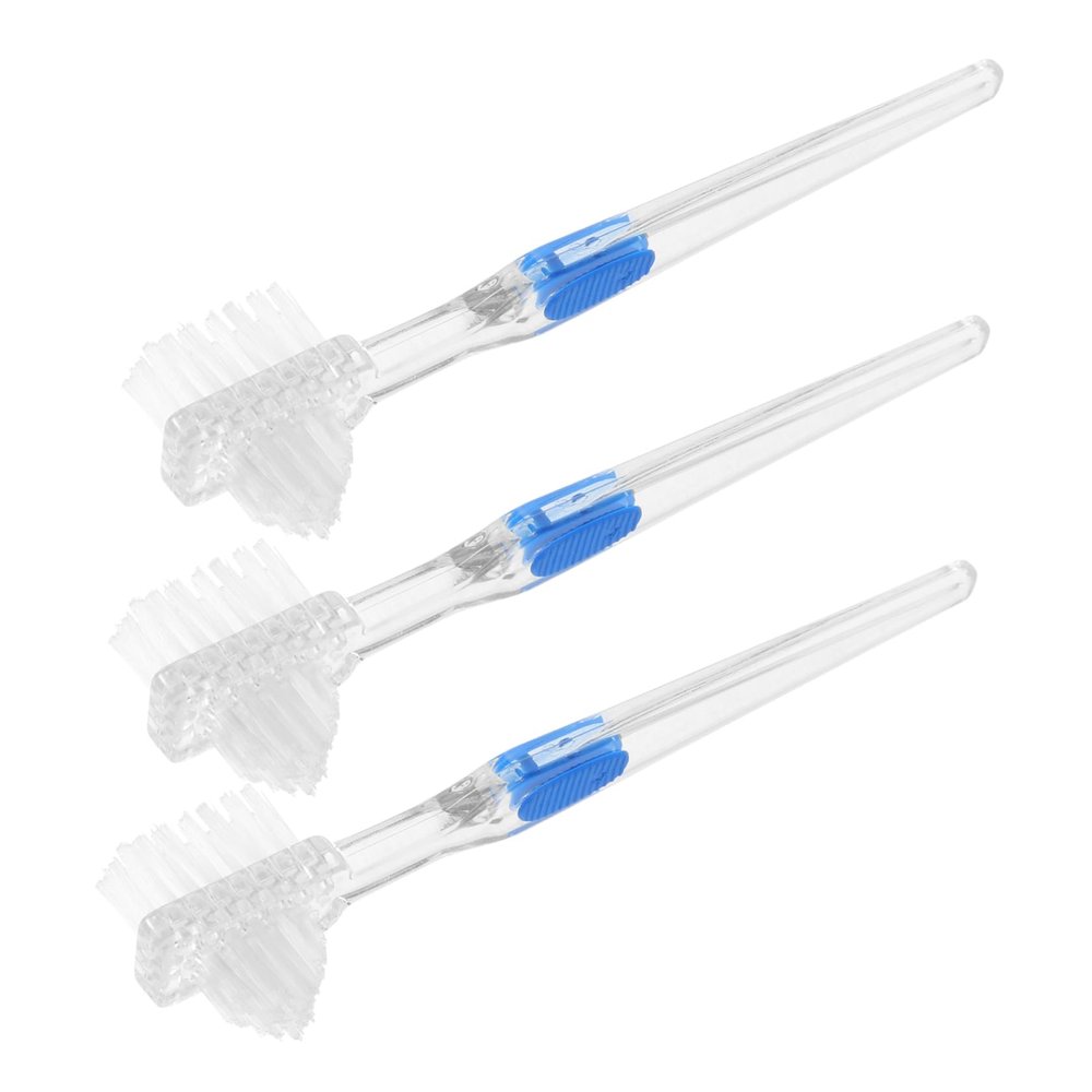 COLLBATH 3Pcs Transparent Double Sided Denture Cleaning Brush for False Toothbrush for Denture Wearers Non Slip Handle for Easy Control