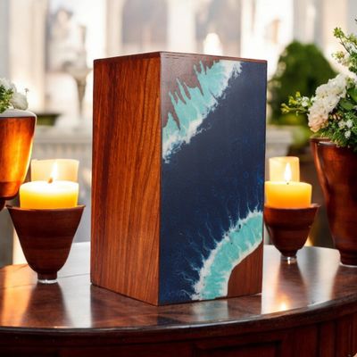 Wooden Cremation Urn with Epoxy Resin Design, Indian Rosewood, Multiple Sizes, Personalized Memorial (Green Blue Sea, Extra Large)