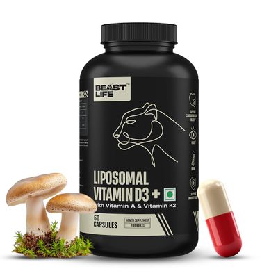 BEASTLIFE Liposomal Vitamin D3 Plus with Vitamin A & Vitamin K2 for Immune Support, Bone Health & Absorption Skin Support Calcium Utilization & Arterial Health Max 60 Capsules