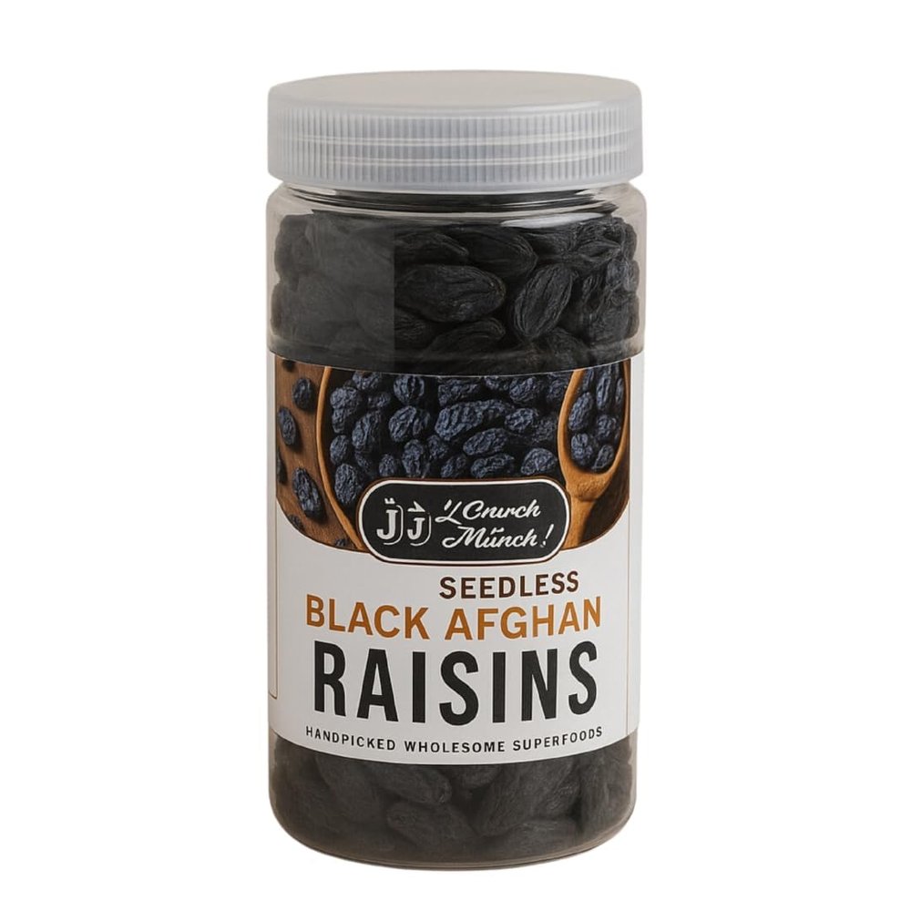 J J Crunch N Munch Afghan Black Seedless Raisins, Organic, Vegetarian, Fresh, Juicy, Ambient Storage, (200 Gram Pack Of 1) Great for Snacking, Cooking & Baking