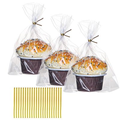 100 Pack 5"2"x6.5" Cellophane Muffin Bags with Gold Twist Ties Pro Grade Flat Bottom Design for Cupcakes, Macarons & Chocolate Treats (Fits Cookies, Strawberries) Reusable Resealable Bakery Packaging
