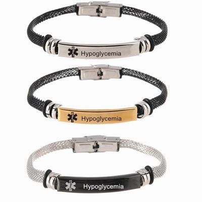 3Pcs Hypoglycemia Medical Alert Bracelets for Men Women,Adjust Mesh Chain Belt ID Bracelet Medic Allergy Band,Adjustable Med Emergency Jewelry with Medi Wallet Insert Card