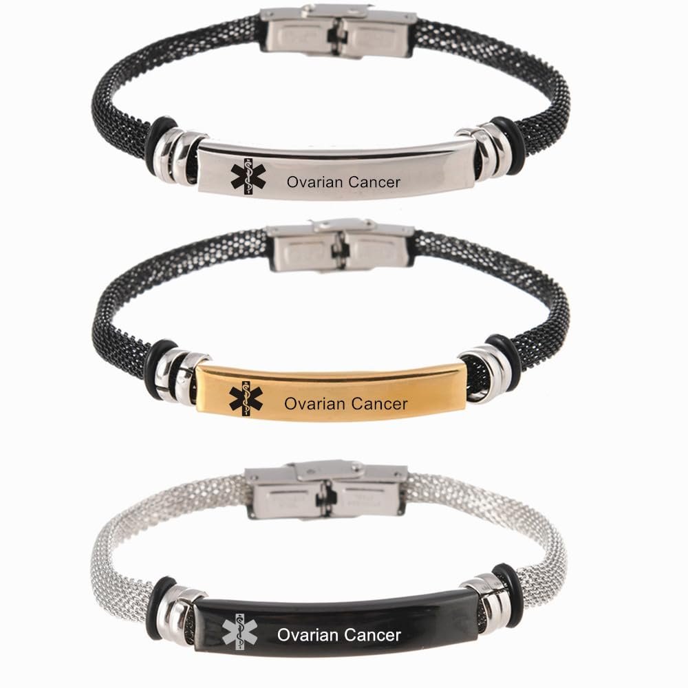 3Pcs Ovarian Cancer Medical Alert Bracelets for Men Women,Adjust Mesh Chain Belt ID Bracelet Medic Allergy Band,Adjustable Med Emergency Jewelry with Medi Wallet Insert Card
