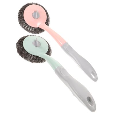 Long Handle Steel Wire Cleaning Brush 2Pcs for Kitchen Stove, Reusable Pot