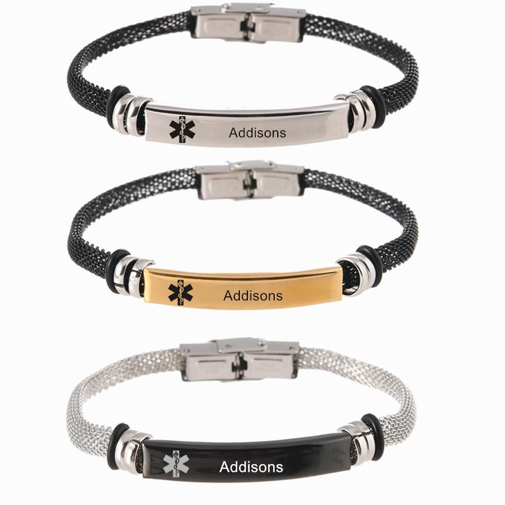 3Pcs Addisons Medical Alert Bracelets for Men Women,Adjust Mesh Chain Belt ID Bracelet Medic Allergy Band,Adjustable Med Emergency Jewelry with Medi Wallet Insert Card