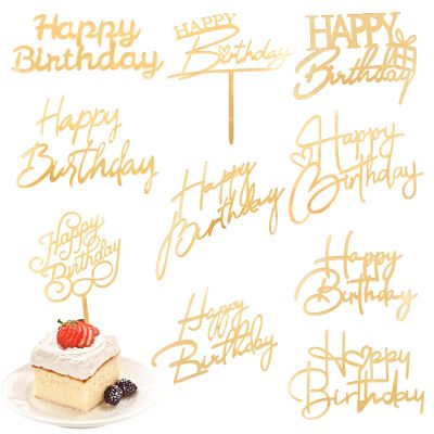 10 PACK Happy Birthday Cake Toppers, Gold Acrylic Birthday Cupcake Toppers, Side Mirror Acrylic Cake Toppers, DIY Cake Decor Cake Tools Birthday Party Supplies