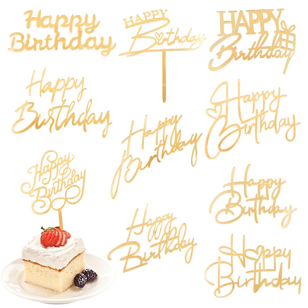 10 PACK Happy Birthday Cake Toppers, Gold Acrylic Birthday Cupcake Toppers, Side Mirror Acrylic Cake Toppers, DIY Cake Decor Cake Tools Birthday Party Supplies