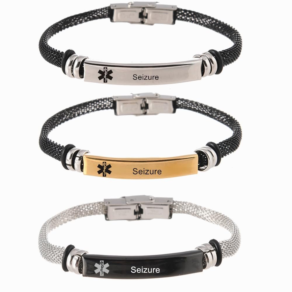 3Pcs Seizure Medical Alert Bracelets for Men Women,Adjust Mesh Chain Belt ID Bracelet Medic Allergy Band,Adjustable Med Emergency Jewelry with Medi Wallet Insert Card
