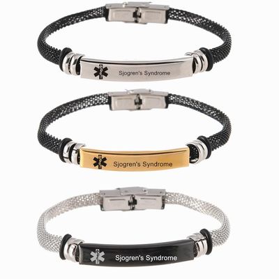 3Pcs Sjogren's Syndrome Medical Alert Bracelets for Men Women,Adjust Mesh Chain Belt ID Bracelet Medic Allergy Band,Adjustable Med Emergency Jewelry with Medi Wallet Insert Card