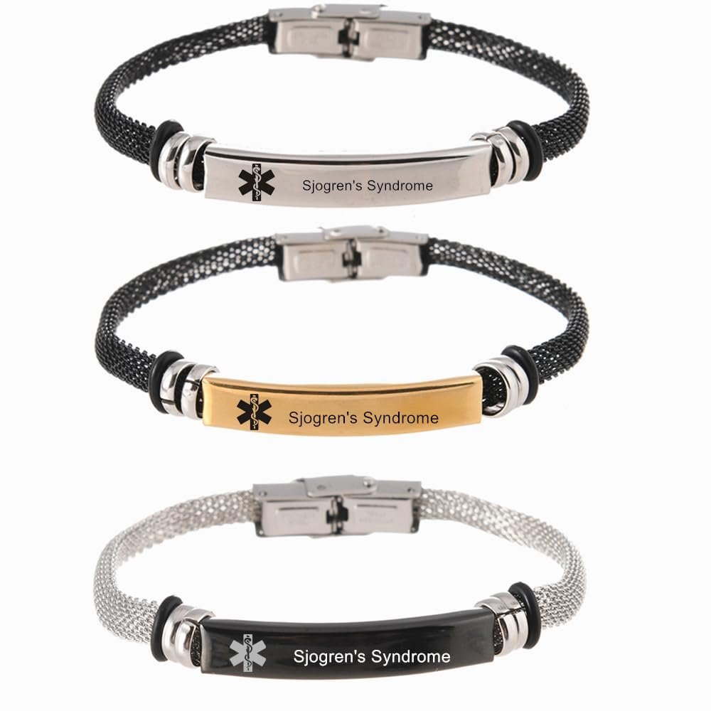 3Pcs Sjogren's Syndrome Medical Alert Bracelets for Men Women,Adjust Mesh Chain Belt ID Bracelet Medic Allergy Band,Adjustable Med Emergency Jewelry with Medi Wallet Insert Card