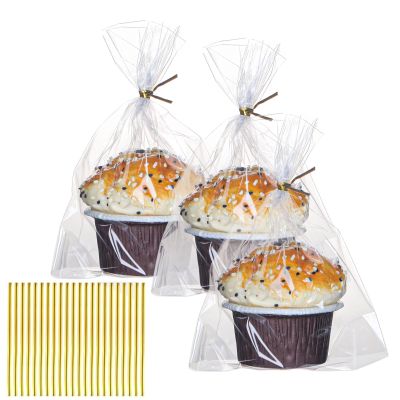 200 Pack 5"2"x6.5" Cellophane Muffin Bags with Gold Twist Ties & Flat Bottom Food Safe Bakery Packaging for Cupcakes, Brownies, Cookies, Macarons Perfect for Party Favors & Catering