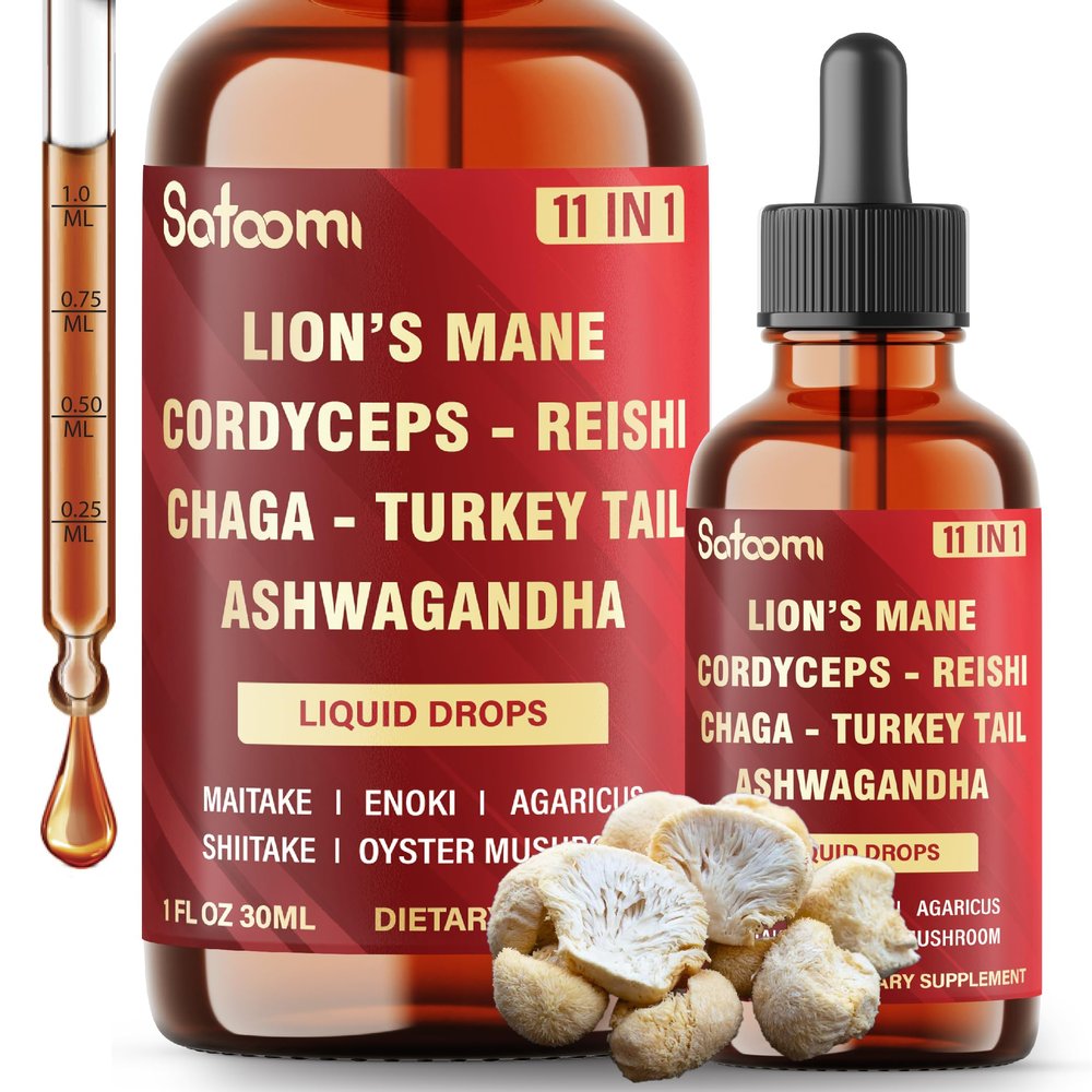 11in1 Mushroom Supplement Liquid Drops Brain, Immunity & Energy Support - Mushroom Complex with Lions Mane, Reishi, Turkey Tail, Cordyceps, Ashwagandha, Maitake, Shiitake - 1 FL Oz - 60 Day Supply