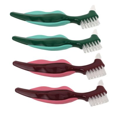 GOOHOCHY 4Pcs Denture Cleaning Brush Dual Head Hard Bristle Tool for False Care Slip Handle Portable Design for Seniors Essential Denture Care Supplies