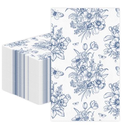 100 PCS Blue Floral Paper Napkins, Disposable Blue & White Flowers Bathroom Guest Hand Towels Decoupage Dinner Napkins Decorative for Kitchen Wedding Birthday Bridal & Baby Shower Party Decoration