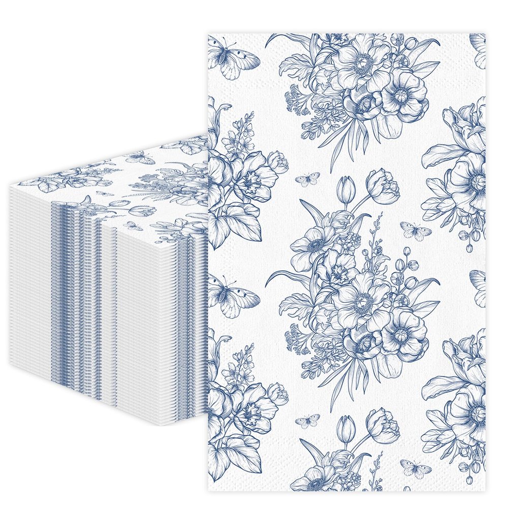100 PCS Blue Floral Paper Napkins, Disposable Blue & White Flowers Bathroom Guest Hand Towels Decoupage Dinner Napkins Decorative for Kitchen Wedding Birthday Bridal & Baby Shower Party Decoration