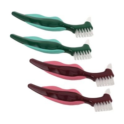 FOMIYES 4Pcs Denture Brush Dual Head Hard Bristle Toothbrush for False Care Slip Ergonomic Handle Portable Design for Elderly Travel Friendly Oral