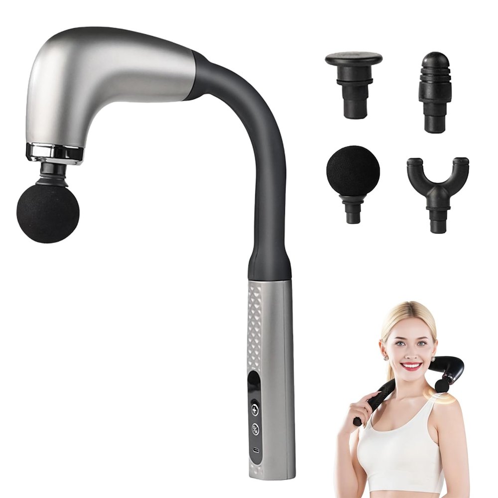 2025 new fascia gun portable massage hammer set, low noise, equipped with four professional replacement heads and nine adjustment levels, perfect for neck, back, and full body massage. (Silver)