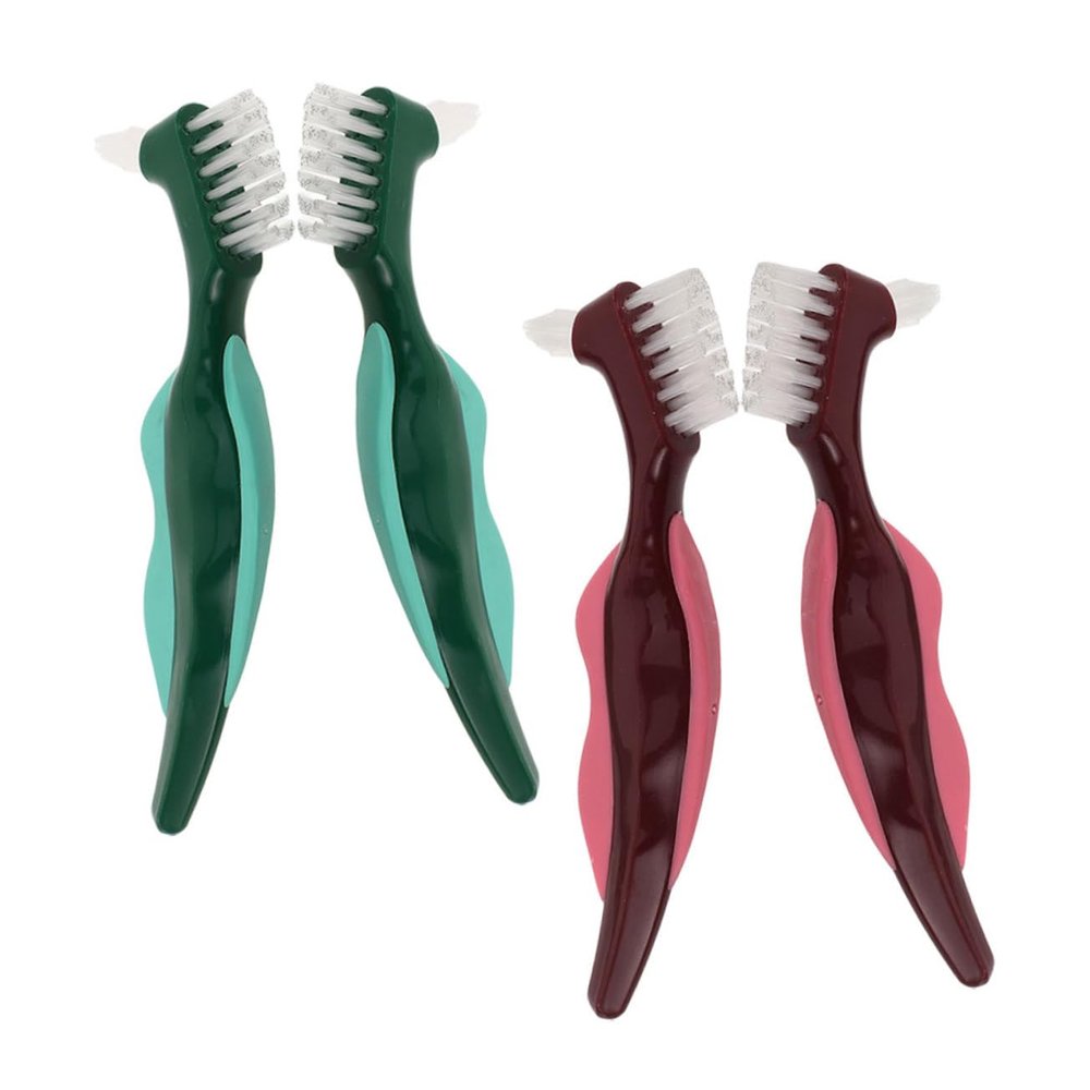 CALLARON 4Pcs Denture Cleaning Brush Dual Head Toothbrush with Hard Bristles Ergonomic Slip Handle for Seniors Portable Retainer Cleaner for Oral Freshness