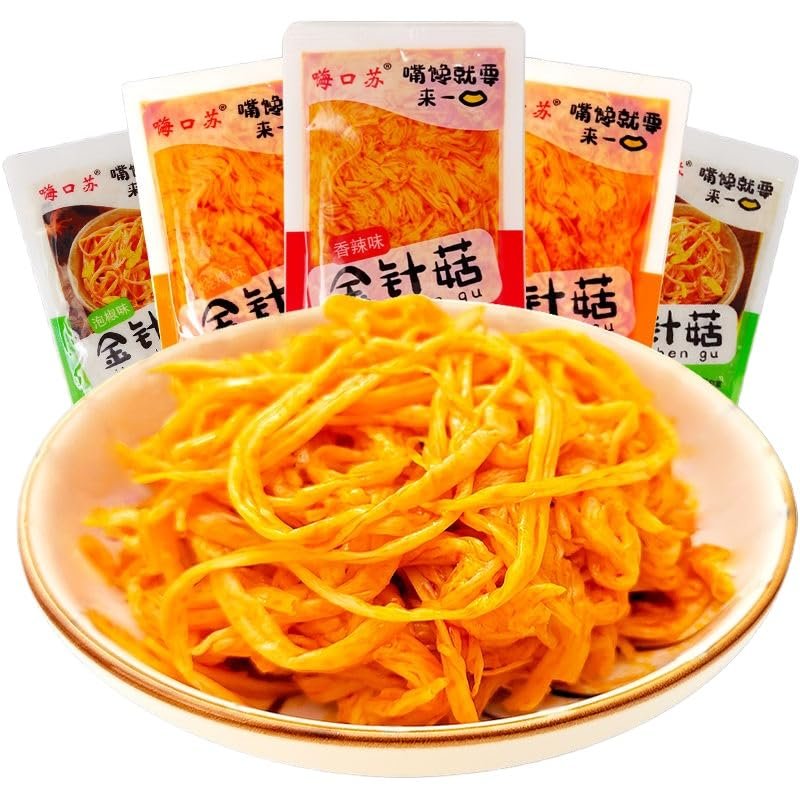 3 Flavor Mix Instant Fresh spicy golden enoki mushroomspicy strips,Chinese specialty food,red oil enoki mushroomseasoned dishes,delicious Vegetable snackshealthy picklesVegetarian (10 packs)