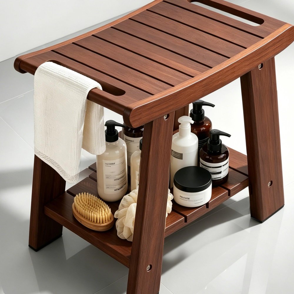 KEGII Teak Shower Bench with Shelf & Handle, Solid Teak Wood Shower Stool for Shaving Legs, Easy Assembly Shower Seat Chair for Shower Storage Shelf, 300lb Capacity (15.75'' 2-Tier)