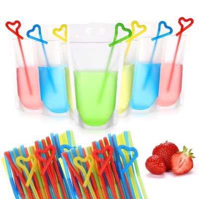 200pcs Clear Drink Pouches with 200 Straws 16oz Reusable, Leak-Proof Plastic Juice Bags for Smoothies, Cocktails & Hot/Cold Beverages