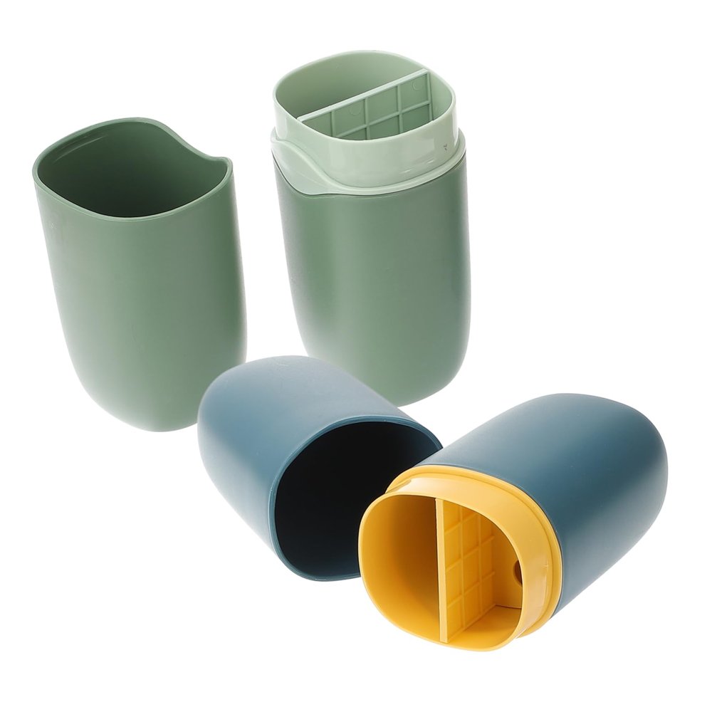 SKISUNO 2Pcs Travel Toothbrush Cup Toothpaste Case Portable Washing Cup Green and Blue for Camping Business Trips Easy Open Design Multi Purpose Storage