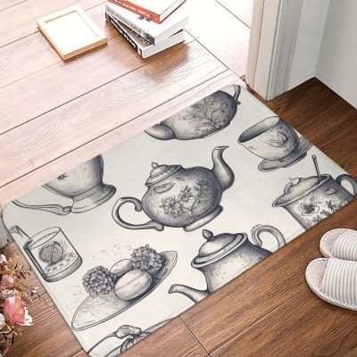 Front Door Mat Indoor Outdoor Welcome Mat, Hand Drawn Teapots and Cups Doormat Easy Clean Entryway Mats Stain and Fade Resistant Entry Rug Absorbent Flannel Bath Mats 16 x 24 Inch