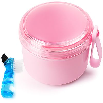 Mckkor Leak Proof Travel Denture Bath Case for Full Dentures, Denture Cups for Soaking Dentures, Denture Container Cups with Brush for Dentures, Aligner, Retainers, Mouth Guard (Pink)