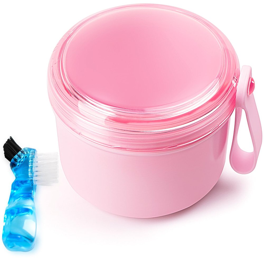 Mckkor Leak Proof Travel Denture Bath Case for Full Dentures, Denture Cups for Soaking Dentures, Denture Container Cups with Brush for Dentures, Aligner, Retainers, Mouth Guard (Pink)