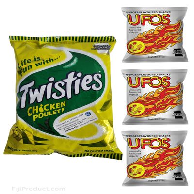 FIJI Puffs Snacks - ChickenTwisties 1x 250g, Ufo's 3x 20g (4 Packs) Favorite Snack Of The Pacific Islanders, BAKED PUFFS SNACK FROM FIJI