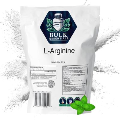 Bulk Essentials L-Arginine Powder Unflavored 250g for Nitric Oxide Production & Maintain Blood Flow USA Made Nitric Oxide Supplements for Men & Women, Free from GMO & Gluten 1g Per Serving